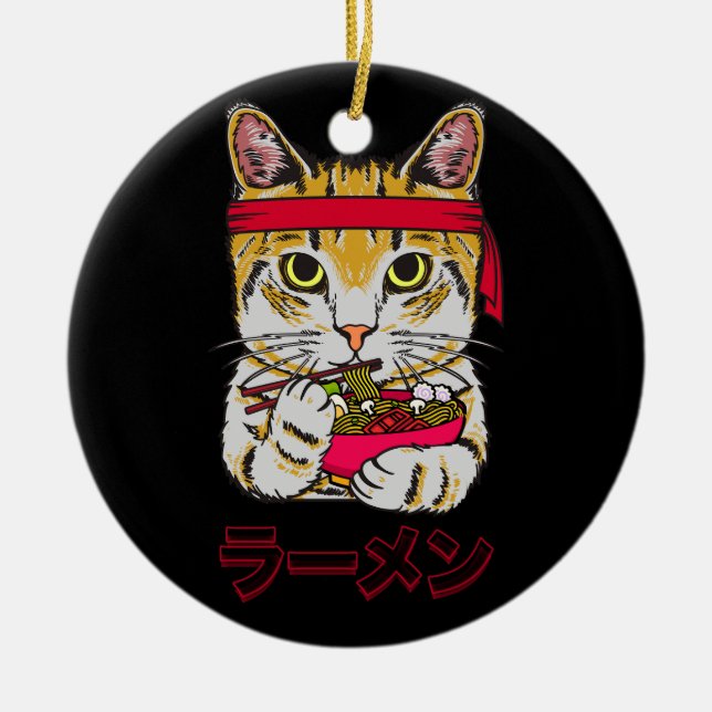 Ornamento De Cerâmica Ramen Cat Anime Comida Japonesa Kawaii Graphic Art (Frente)