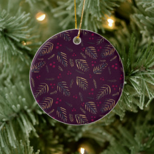 Ornamento De Cerâmica Ramos de árvores de Natal e bagas - vinho tinto