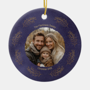 Ornamento De Cerâmica Ramos de Ouro Elegantes Foto da Família Natal Azul