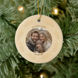 Ornamento De Cerâmica Ramos de Ouro Elegantes Foto de Família Natal Bege