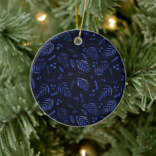 Ornamento De Cerâmica Ramos e bagas das árvores de Natal - azul escuro