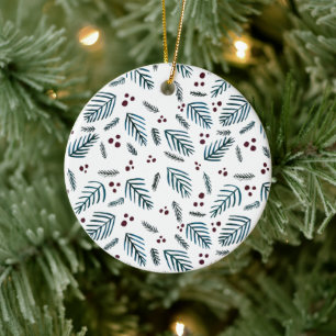 Ornamento De Cerâmica Ramos e bagas de árvores de Natal - chalé escuro