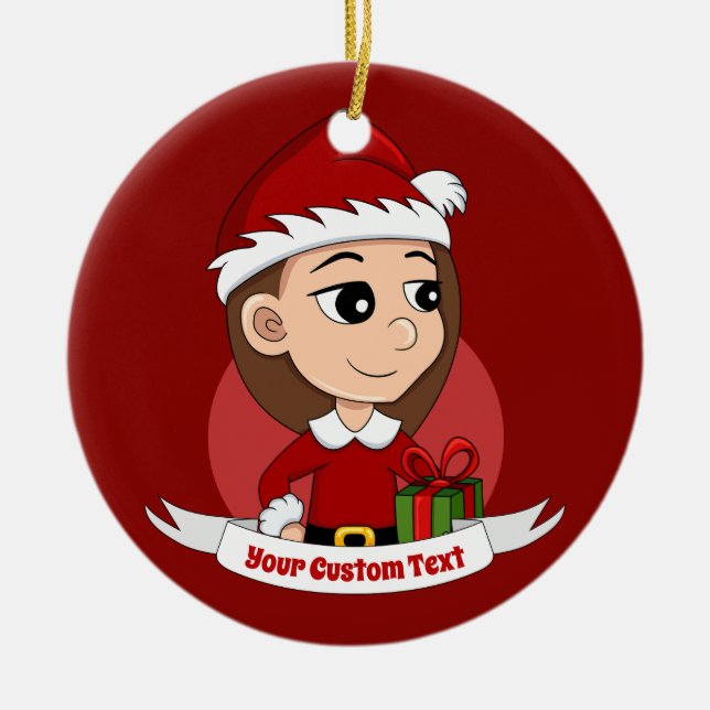 Ornamento De Cerâmica Rapariga de Natal com cabelo castanho longo (Frente)