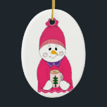 Ornamento De Cerâmica Rapariga Snowman em Toque Rosa<br><div class="desc">Um bonitinho bonitinho bonitinho de neve num toque rosa e um suéter rosa. Uma caneca de chocolate quente aquece o coração!</div>