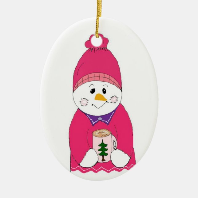 Ornamento De Cerâmica Rapariga Snowman em Toque Rosa (Frente)