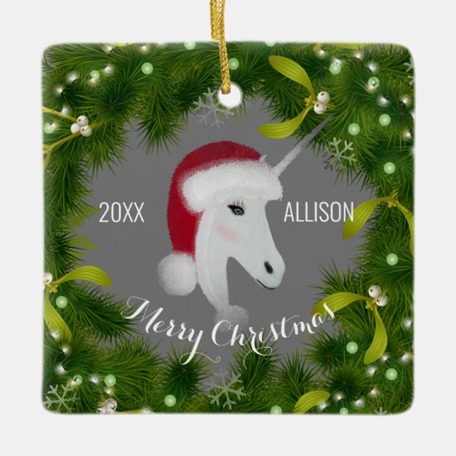 Ornamento De Cerâmica Rapariga verde do Unicórnio de Natal moderno (Frente)
