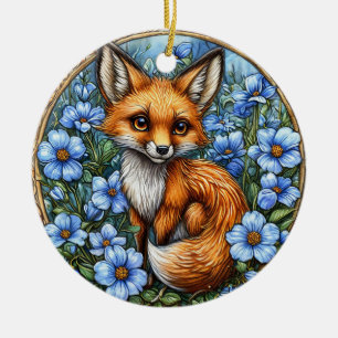 Ornamento De Cerâmica Raposa Adorável Cercada por Flores Azuis Vibrantes