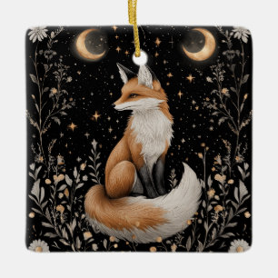 Ornamento De Cerâmica Raposa Celestial Mística e Flores