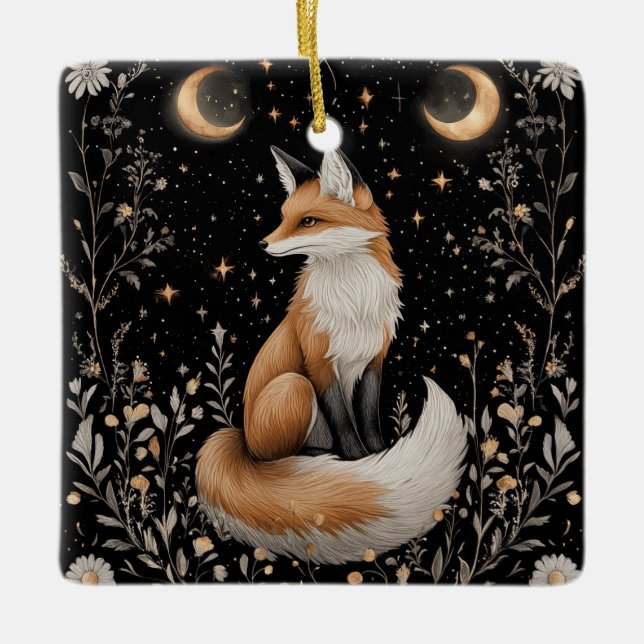 Ornamento De Cerâmica Raposa Celestial Mística e Flores (Frente)