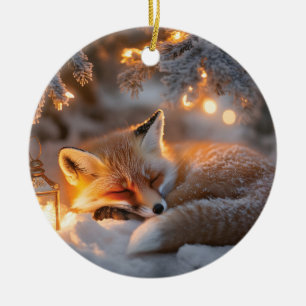 Ornamento De Cerâmica Raposa Dormindo Sob Ramificações De Neve