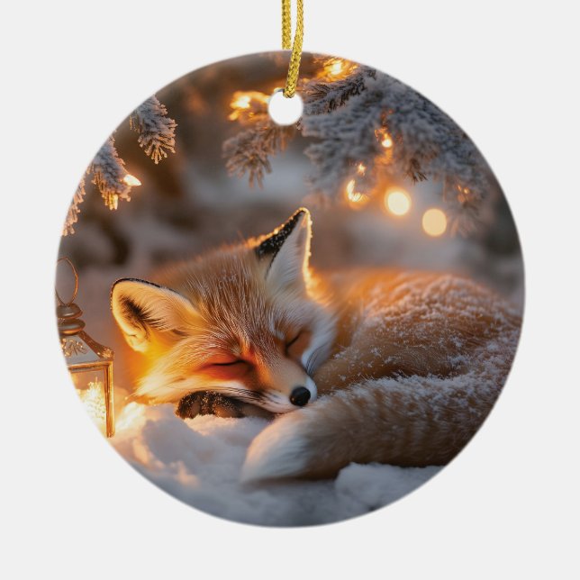 Ornamento De Cerâmica Raposa Dormindo Sob Ramificações De Neve (Frente)