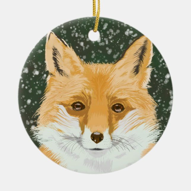 Ornamento De Cerâmica Raposa Vermelha Bonita na neve. (Frente)