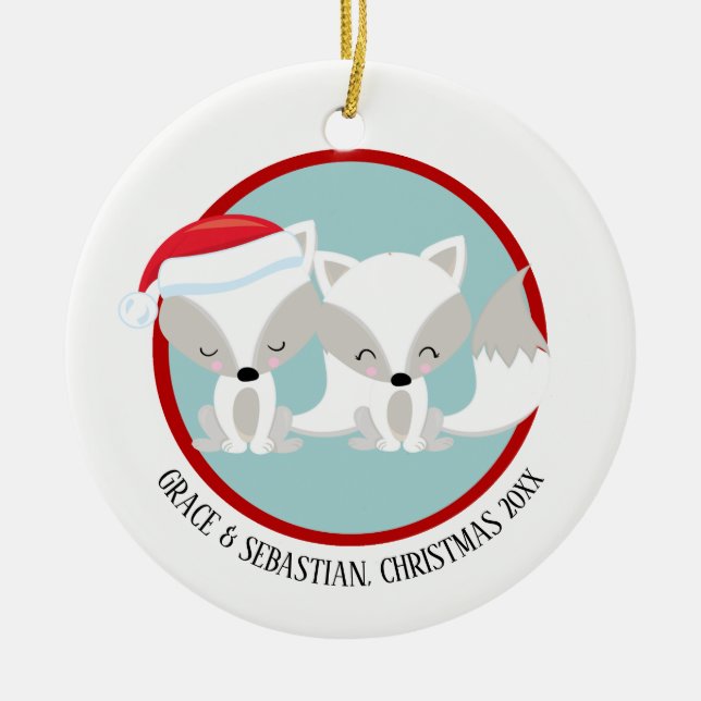 Ornamento De Cerâmica Raposas Árcticas de Natal Personalizadas (Frente)