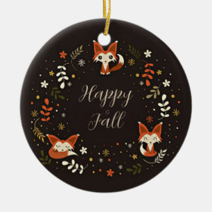 Ornamento De Cerâmica Raposas de outono com texto personalizável