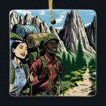 Ornamento De Cerâmica Rastreio de Casal de backpacking por meio de monta<br><div class="desc">Enfeites de natal personalizado bonito para alguém que gosta de caminhar e montanhas. Uma garota asiática e um homem afro-americano caminhando juntos na A.T.</div>