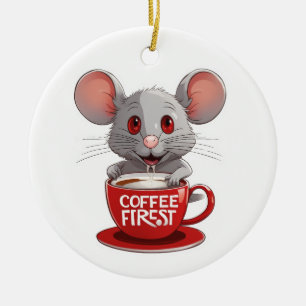 Ornamento De Cerâmica Rato Adorável com Cafeína na Caneca Vermelha