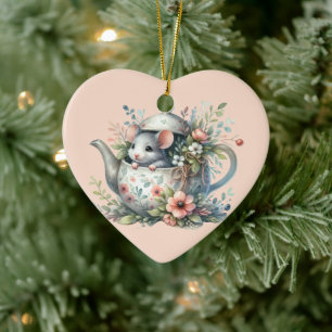 Ornamento De Cerâmica Rato Bonito na Ilustração Floral do Bule de chá