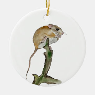 Ornamento De Cerâmica Rato de aquarela realista em uma árvore