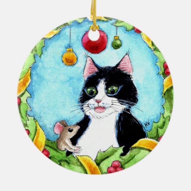 Ornamento De Cerâmica Rato de Natal Tuxedo (Traseira)