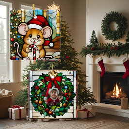 Ornamento De Cerâmica Rato de Natal Vidro Manchado Falso