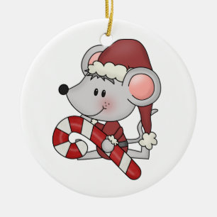 Ornamento De Cerâmica Rato do Natal com bastão de doces