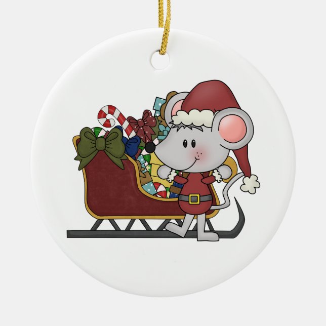 Ornamento De Cerâmica Rato do papai noel com trenó (Frente)