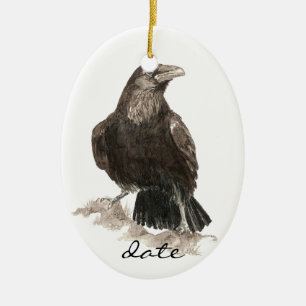 Ornamento De Cerâmica Raven Datado Personalizado, Pássaro Aquarela Anima