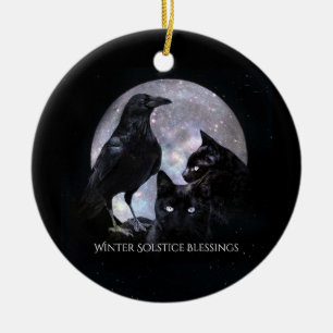 Ornamento De Cerâmica Raven Solstício Inverno e Gatos Pretos com Bênção