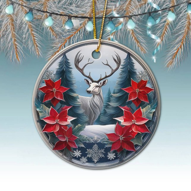 Ornamento De Cerâmica Realizador de Frame Silver Elegante, Poinsettias D (Silver Reindeer Elegant Deer Antlers, Poinsettia Flowers Winter Trees Scene Ornament Front/Back 🦌🎄)