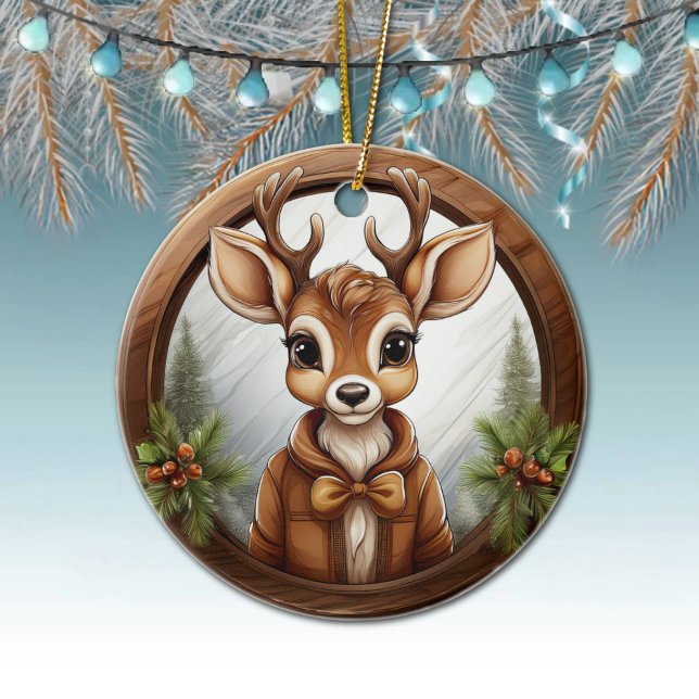 Ornamento De Cerâmica Rebelde, Veado, Arrancadores, Fawn, Doe Rustic 🦌  (Cute Reindeer, Deer Antlers, Fawn, Doe Winter Trees Brown Framed Xmas Scene Ornament Front/Back 🦌🎄)