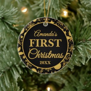 Ornamento De Cerâmica Recém-Nascido Bebê 1º Natal Preto Dourado Foto