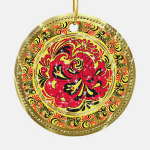 Ornamento De Cerâmica Red Abstrato Phoenix Bird Dourado e Sparkles