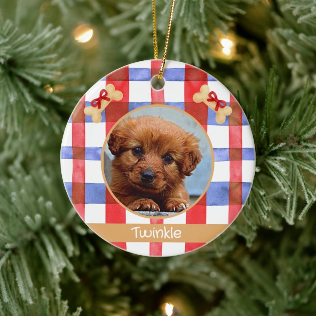 Ornamento De Cerâmica Red and Blue Plaid Round Pet Ornament (Árvore)