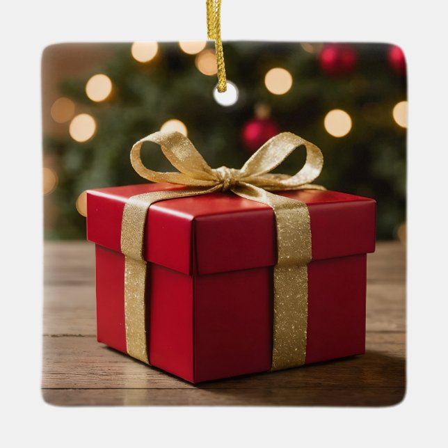 Ornamento De Cerâmica Red And Gold Christmas Gift (Frente)