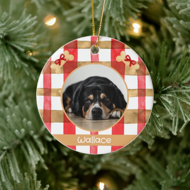 Ornamento De Cerâmica Red and Gold Plaid Round Pet Ornament (Árvore)