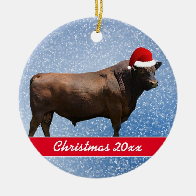 Ornamento De Cerâmica Red Angus Bull e Santa Hat (Frente)