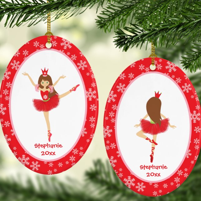 Ornamento De Cerâmica Red Ballerina Girl Personalizada no Natal (Personalized Red Ballerina Snowflake Christmas Ceramic Ornament)