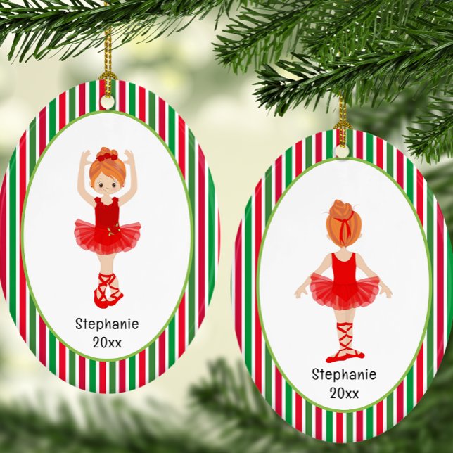 Ornamento De Cerâmica Red Ballerina Stripes Personalizadas Natal (Red Ballerina Stripes Personalized Christmas Ceramic Ornament)