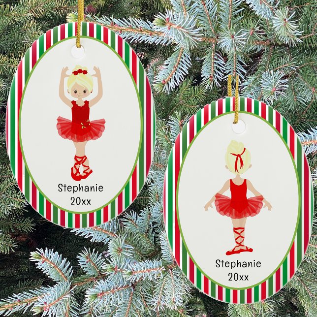 Ornamento De Cerâmica Red Ballerina Stripes Personalizadas Natal (Red Ballerina Stripes Personalized Christmas Ceramic Ornament)
