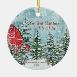 Ornamento De Cerâmica Red Barn Pine Trees Neve Nossa Primeira Foto De Na