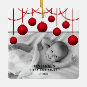 Ornamento De Cerâmica Red Bauble First Christmas Baby Photo Cerâmica Or