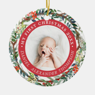 Ornamento De Cerâmica Red Berries Pine Agulha Wreath Baby 1rua Natal