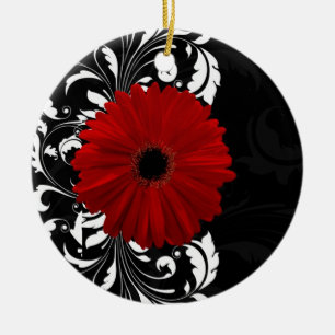 Ornamento De Cerâmica Red, Black and White Scroll Gerbera Daisy