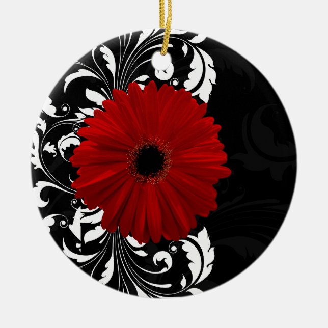 Ornamento De Cerâmica Red, Black and White Scroll Gerbera Daisy (Frente)