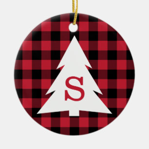 Ornamento De Cerâmica Red Black Buffalo Check Monograma Árvore de Natal