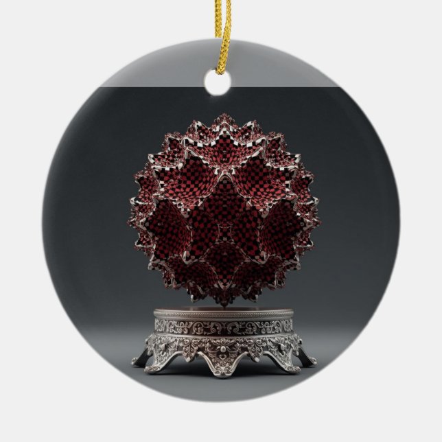 Ornamento De Cerâmica Red & Black Mandelbrot Sphere On Silver Pedestal (Frente)