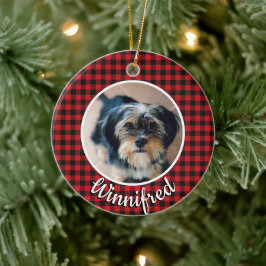 Ornamento De Cerâmica Red Buffalo Check Personalized Pet Photo Christmas