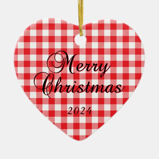 Ornamento De Cerâmica Red Buffalo Cheque Feliz Foto do Casal de Natal (Frente)