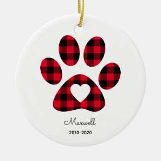 Ornamento De Cerâmica Red Buffalo Plaid Paw Print White Heart