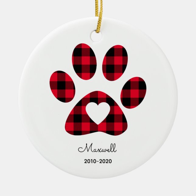 Ornamento De Cerâmica Red Buffalo Plaid Paw Print White Heart (Frente)